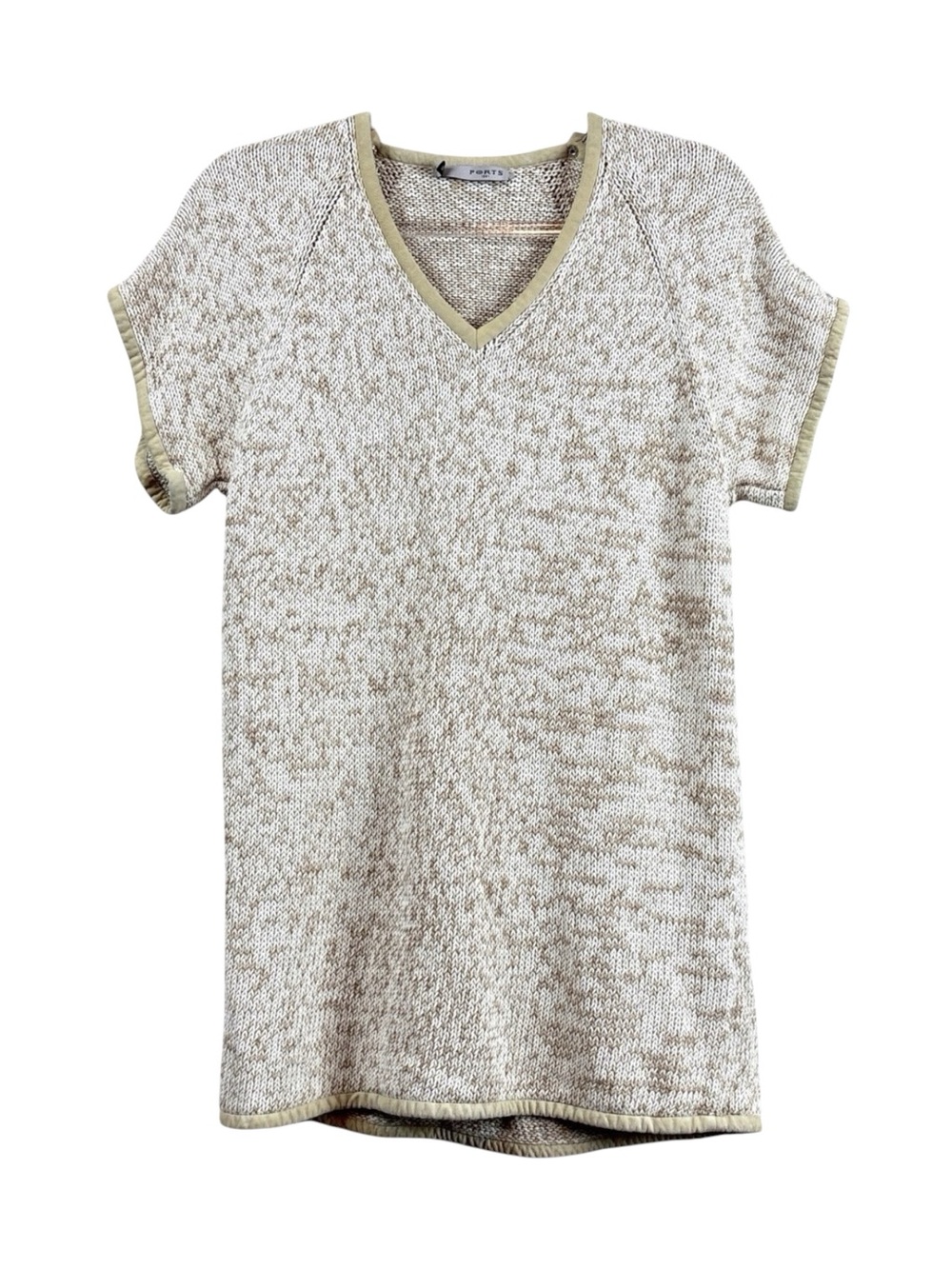 Ports 1961 Knit Sweater Top Lamb Leather Snap Trim Heathered Beige Size XS